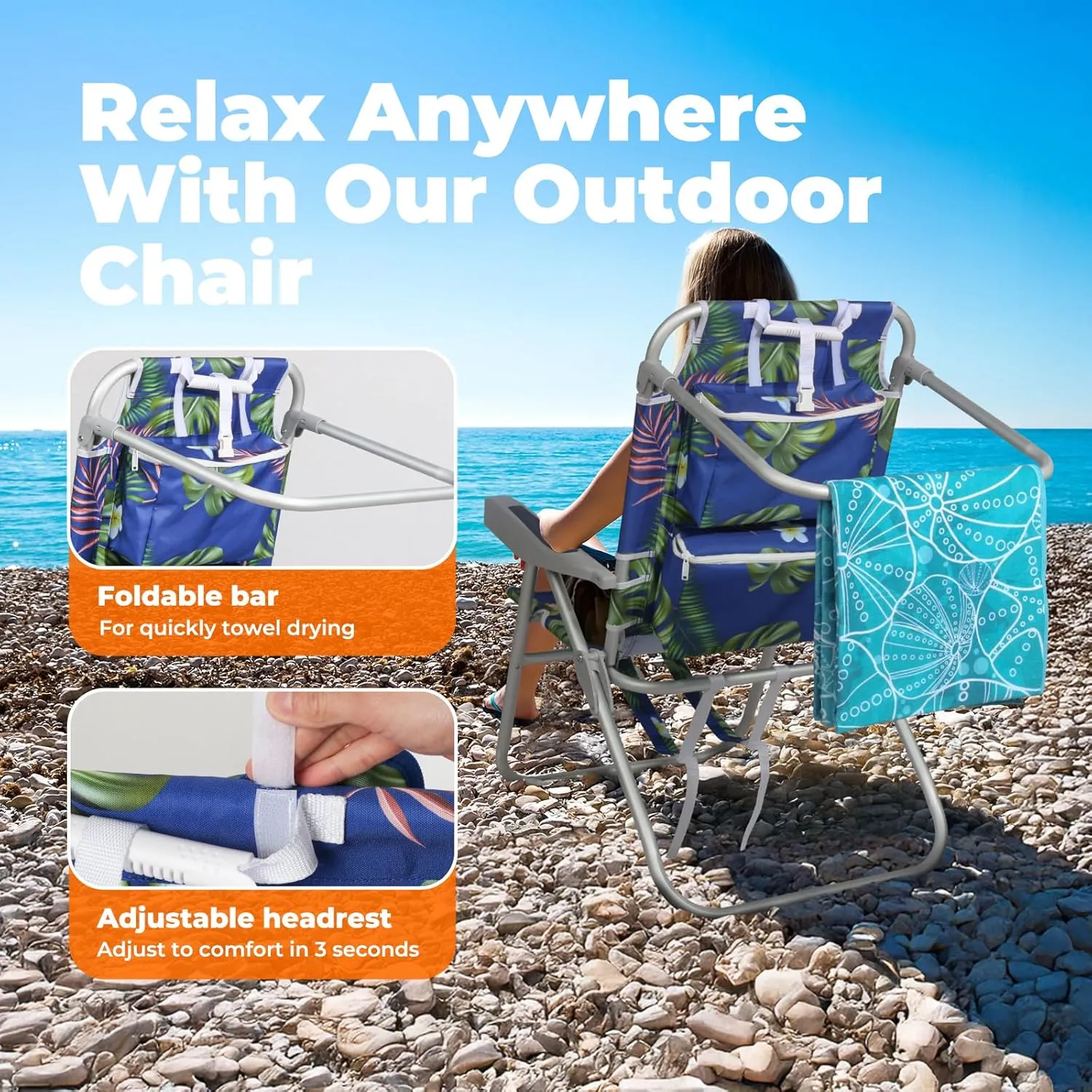 Tall Beach Chairs for Adults – 5-Position Reclining Backpack Chair with Large Insulated Cooler & Storage Pocket, Portable Beach Chair for Travel & Outdoor, Supports 300lbs,Tropical Palm, 2 Pack