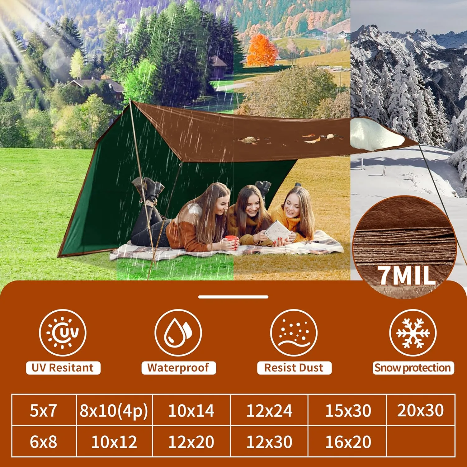 Tarp 10x12 ft 100% Waterproof 7mil Durable Grommets and Reinforced Edges,Uv Resistant,Green/Brown Tarp,Emergency Rain Shelter,Outdoor Cover and Camping Use -by MVPNET