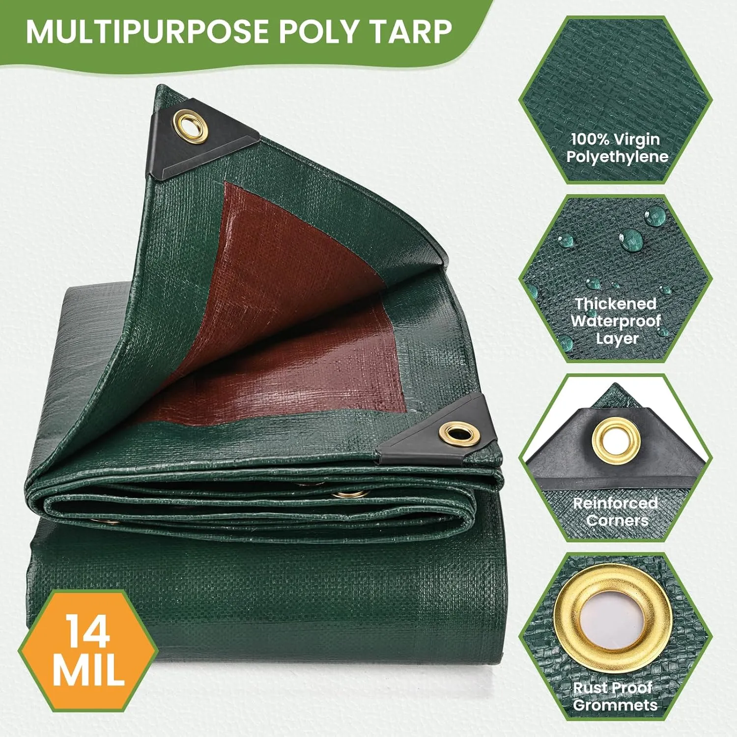Tarp Waterproof 16' X 20', Heavy Duty Tarp 14 Mil Multipurpose Protective Cover Large Tarps UV All Weather Resistant Outdoor Waterproof Tarps for Shelter Camping, Green/Brown