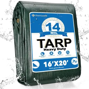 Tarp Waterproof 16' X 20', Heavy Duty Tarp 14 Mil Multipurpose Protective Cover Large Tarps UV All Weather Resistant Outdoor Waterproof Tarps for Shelter Camping, Green/Brown