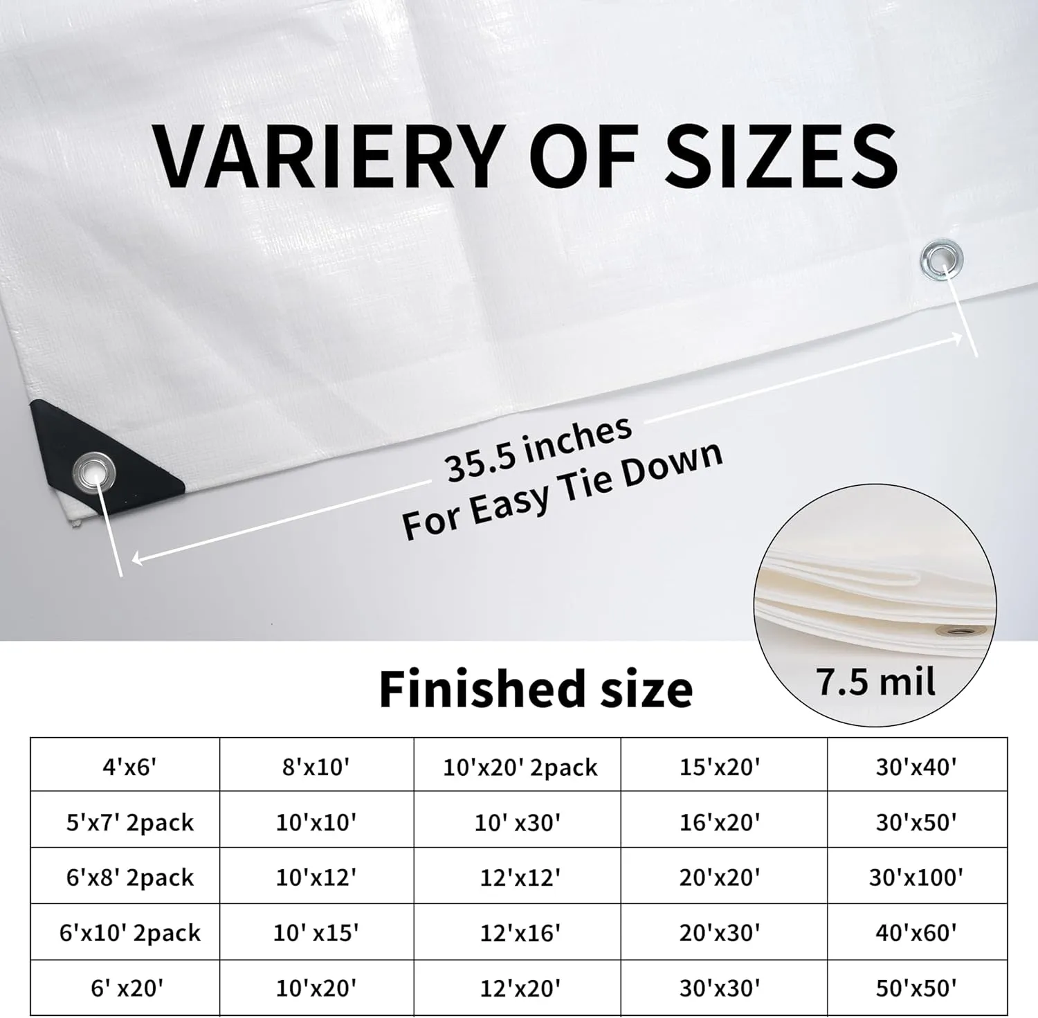 TARPAL 20'x30' White Tarp Waterproof 7.5 mil Medium Duty All Purpose Poly Tarps Cover Waterproof,Snow Proof UV Protection,Rip and Tear Proof,Poly Tarpaulin