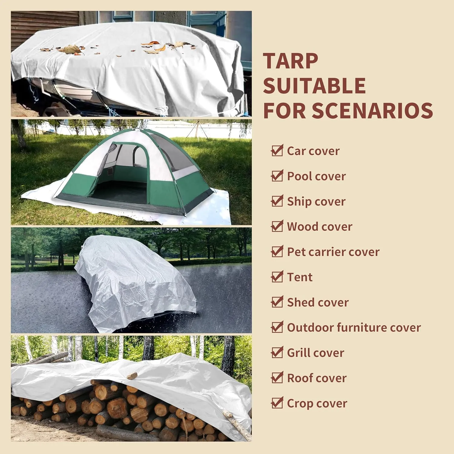 TARPAL 20'x30' White Tarp Waterproof 7.5 mil Medium Duty All Purpose Poly Tarps Cover Waterproof,Snow Proof UV Protection,Rip and Tear Proof,Poly Tarpaulin