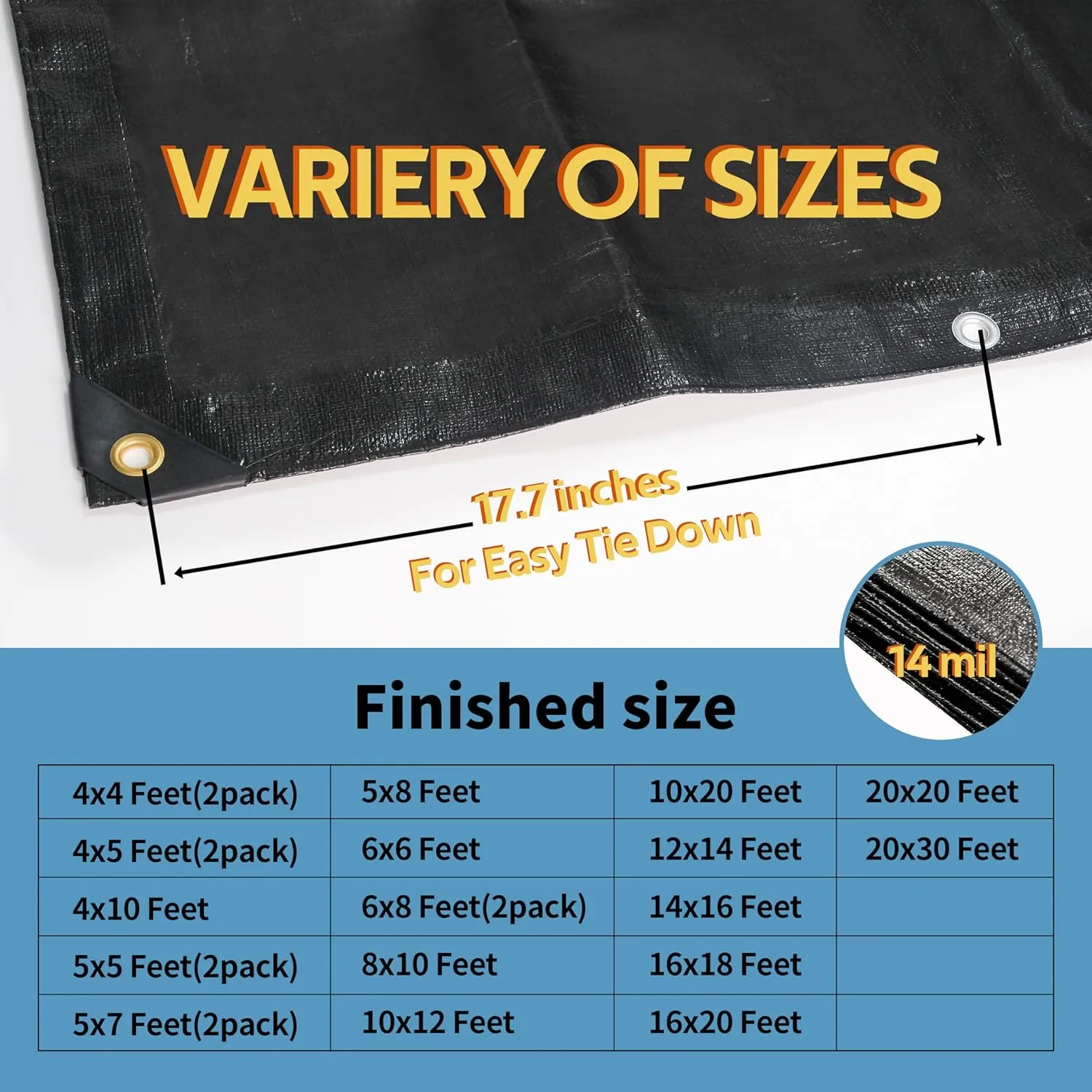 TARPAL Waterproof tarp 5x7 Feet（2Pack） Black Heavy Duty tarp 14mil polyethylene tarps Multifunctional Tarpaulin，Snow or UV Protection,Suitable for Outdoor Furniture, awnings,Roofs,Tents