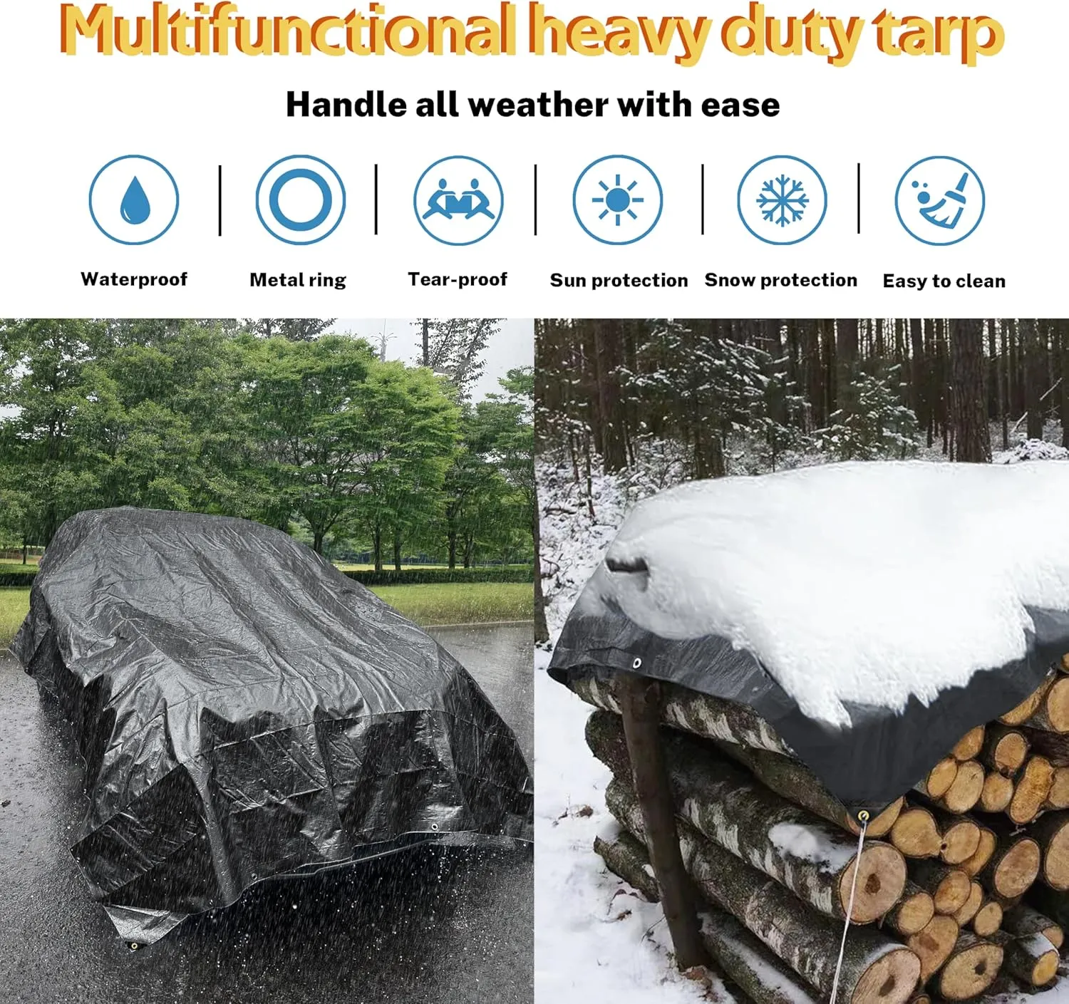 TARPAL Waterproof tarp 5x7 Feet（2Pack） Black Heavy Duty tarp 14mil polyethylene tarps Multifunctional Tarpaulin，Snow or UV Protection,Suitable for Outdoor Furniture, awnings,Roofs,Tents