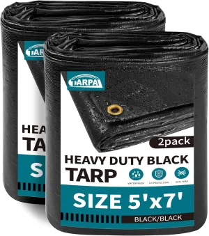 TARPAL Waterproof tarp 5x7 Feet（2Pack） Black Heavy Duty tarp 14mil polyethylene tarps Multifunctional Tarpaulin，Snow or UV Protection,Suitable for Outdoor Furniture, awnings,Roofs,Tents