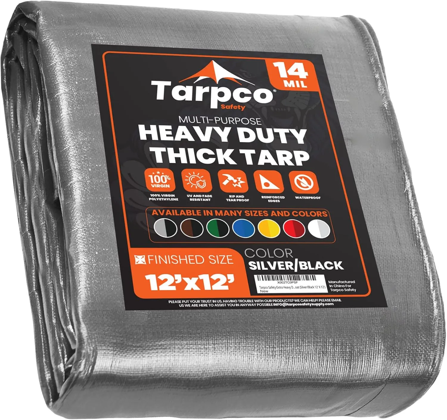 Tarpco Safety Extra Heavy Duty 14 Mil Tarp Cover, Waterproof, UV Resistant, Rip and Tear Proof, Poly Tarpaulin with Reinforced Edges for Roof, Camping, Patio, Pool, Boat (Silver/Black 12′ X 12′)