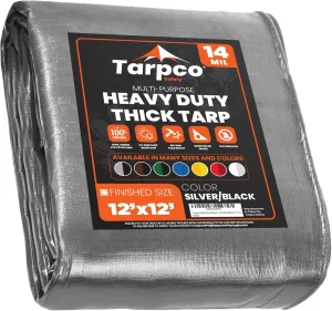 Tarpco Safety Extra Heavy Duty 14 Mil Tarp Cover, Waterproof, UV Resistant, Rip and Tear Proof, Poly Tarpaulin with Reinforced Edges for Roof, Camping, Patio, Pool, Boat (Silver/Black 12′ X 12′)