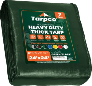 Tarpco Safety Heavy Duty 7 Mil Tarp Cover, Waterproof, UV Resistant, Rip and Tear Proof, Poly Tarpaulin with Reinforced Edges for Roof, Camping, Patio, Pool Cover, Boat (Green/Black 24′ X 24′)