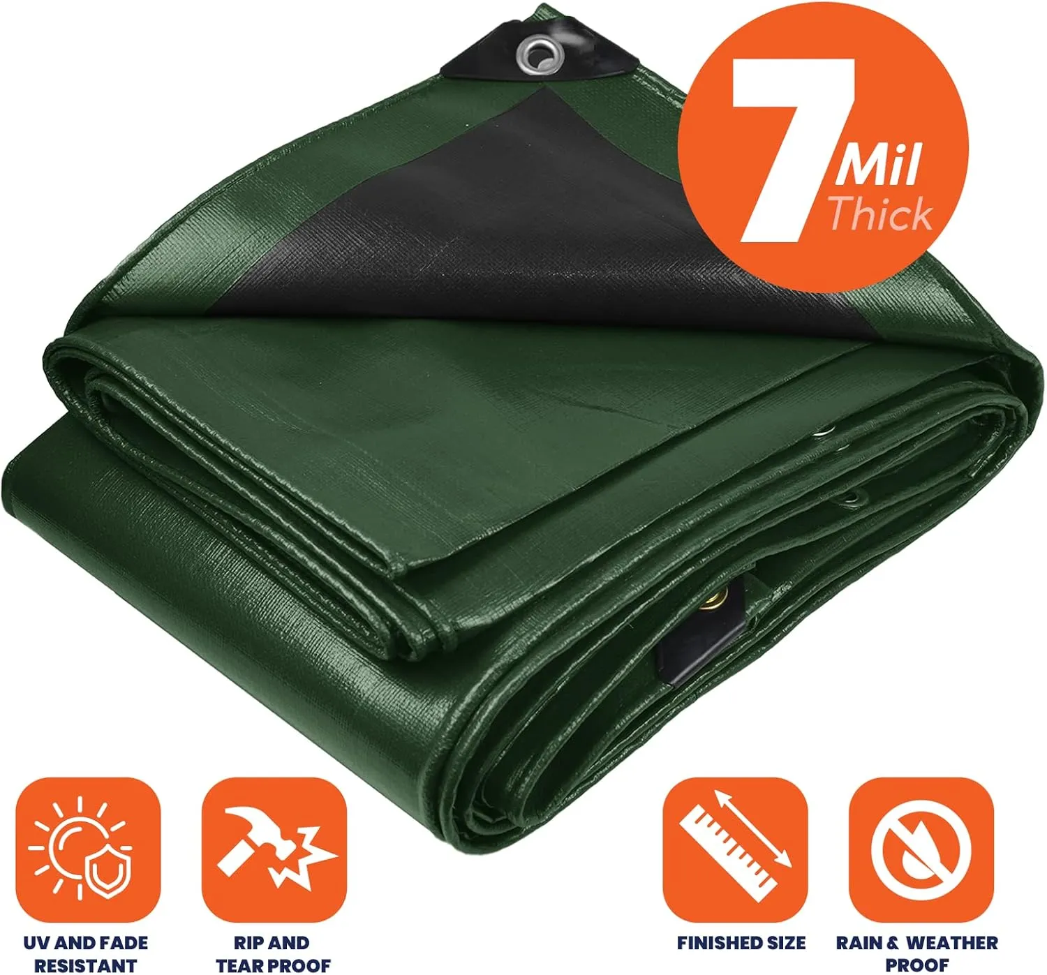 Tarpco Safety Heavy Duty 7 Mil Tarp Cover, Waterproof, UV Resistant, Rip and Tear Proof, Poly Tarpaulin with Reinforced Edges for Roof, Camping, Patio, Pool Cover, Boat (Green/Black 24′ X 24′)