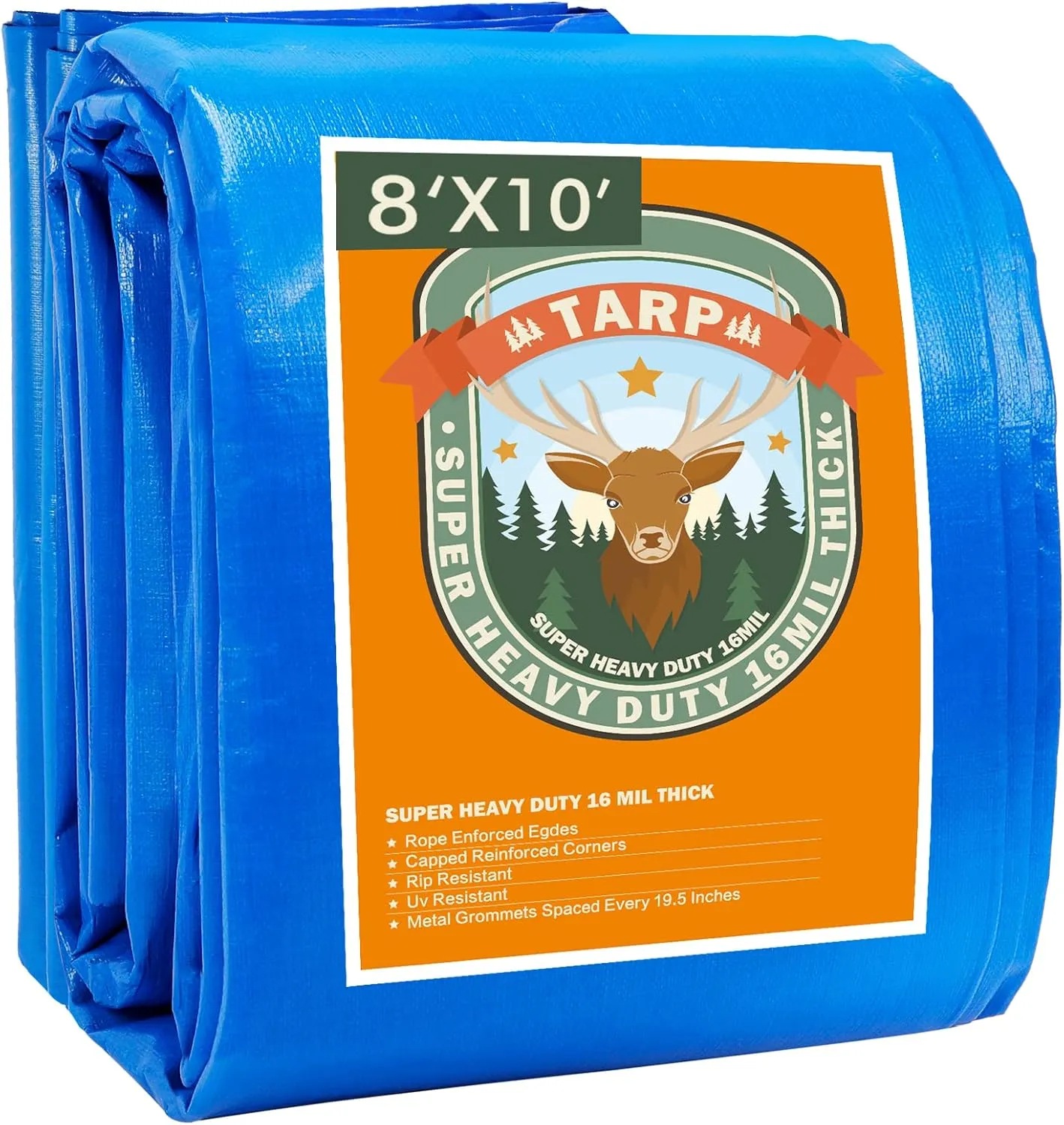 Tarps Heavy Duty Waterproof 8x10, Blue Tarp, Waterproof Plastic Poly 16 Mil Thick Tarpaulin with Metal Grommets Every 19.5 Inches - Emergency Rain Shelter, Outdoor Cover, and Camping Use