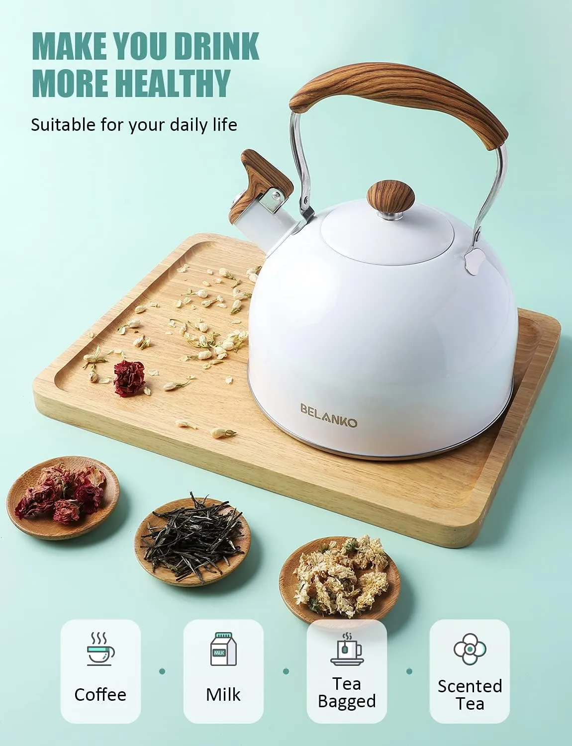 Tea Kettle, BELANKO 85 OZ / 2.5 Liter Whistling Tea Kettle, Tea Pots for Stove Top Food Grade Stainless Steel with Wood Pattern Folding Handle, Loud Whistle Kettle for Tea, Coffee, Milk - Gloss White