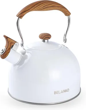 Tea Kettle, BELANKO 85 OZ / 2.5 Liter Whistling Tea Kettle, Tea Pots for Stove Top Food Grade Stainless Steel with Wood Pattern Folding Handle, Loud Whistle Kettle for Tea, Coffee, Milk - Gloss White