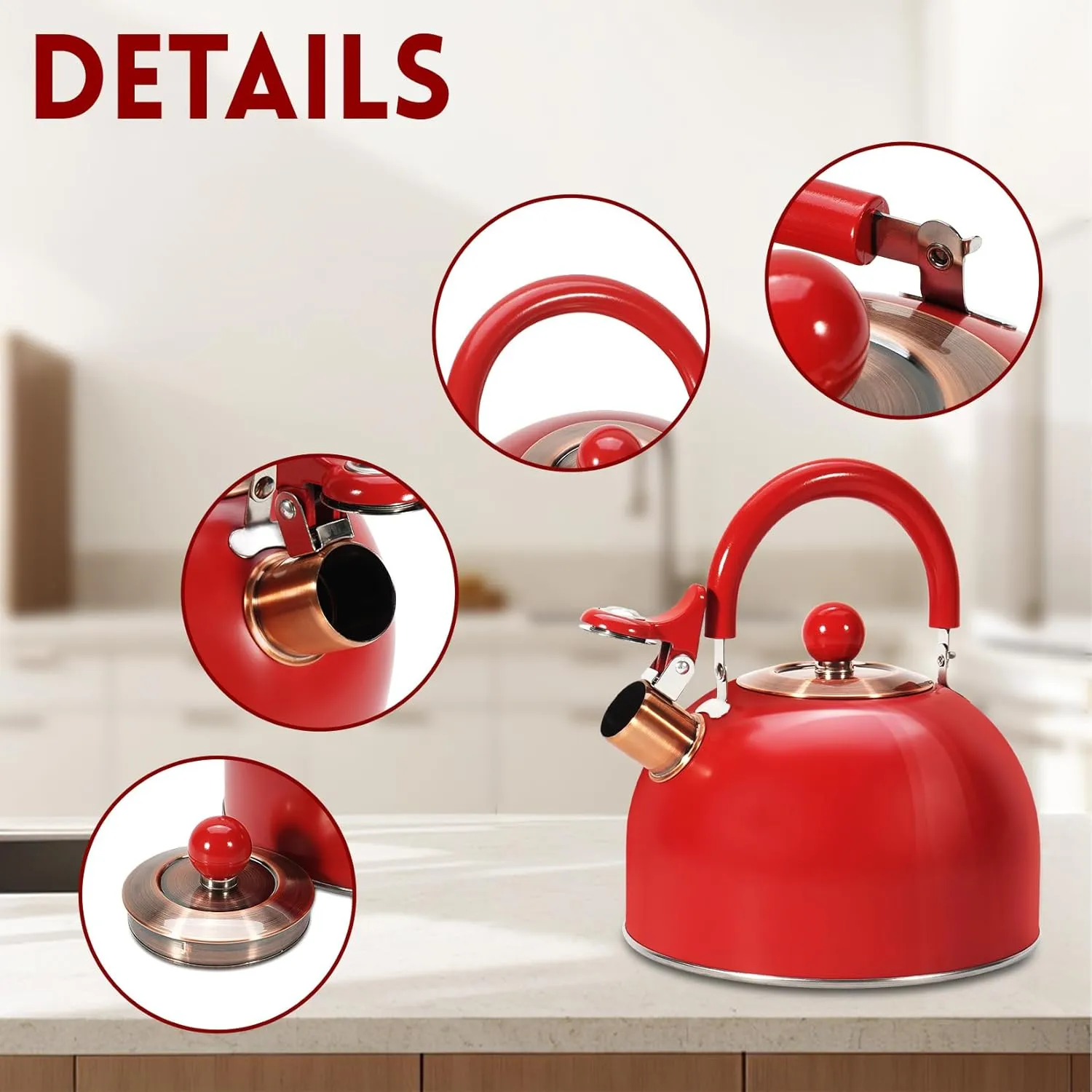 Tea Kettle,Whistling Tea Kettle Stovetop 2.6 Quart, Tea Pots for Stove Top Food Grade Stainless Steel,Wood Pattern Handle,Christmas Gift(Red),With Anti Scald Towel