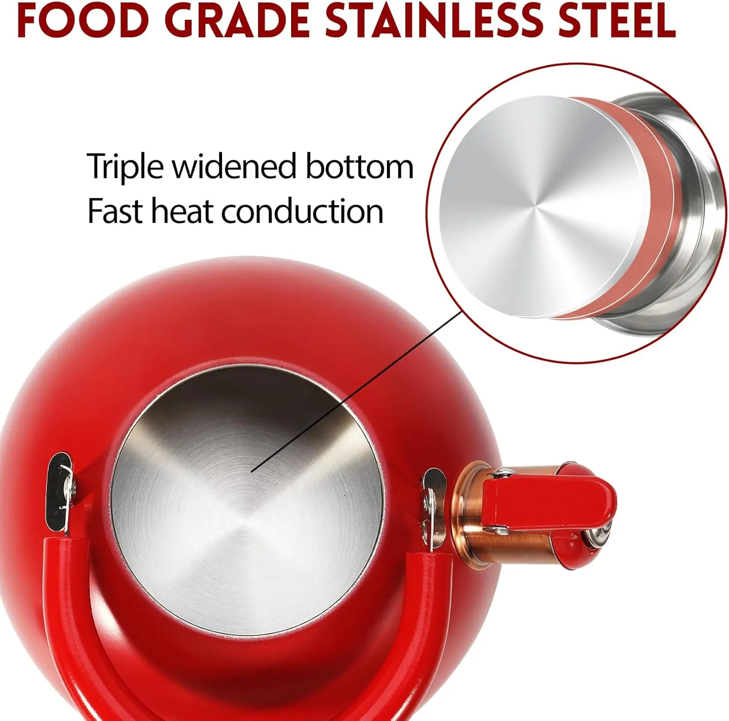 Tea Kettle,Whistling Tea Kettle Stovetop 2.6 Quart, Tea Pots for Stove Top Food Grade Stainless Steel,Wood Pattern Handle,Christmas Gift(Red),With Anti Scald Towel