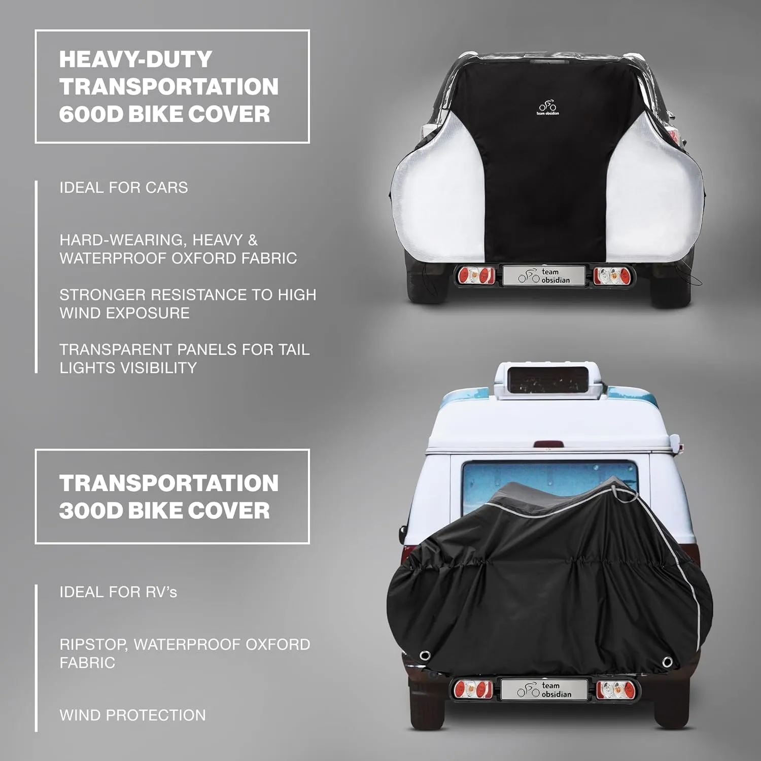 TeamObsidian Bike Cover - Outdoor Storage, Bicycle Transportation or Travel - Waterproof eBike Protection - For 1 to 3 Bikes - Heavy Duty Ripstop 600D Oxford Material - Transparent