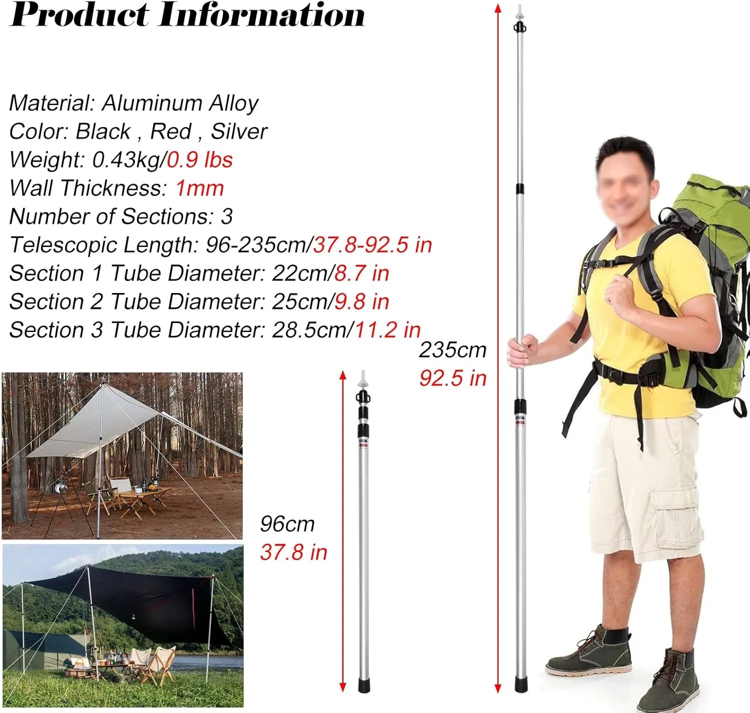 Telescoping Tent Pole Adjustable Hight, Lightweight Aluminum Alloy Tarp Pole Waterproof, Outdoor Portable Canopy Pole for Camping/Backpacking/Hiking(Red)