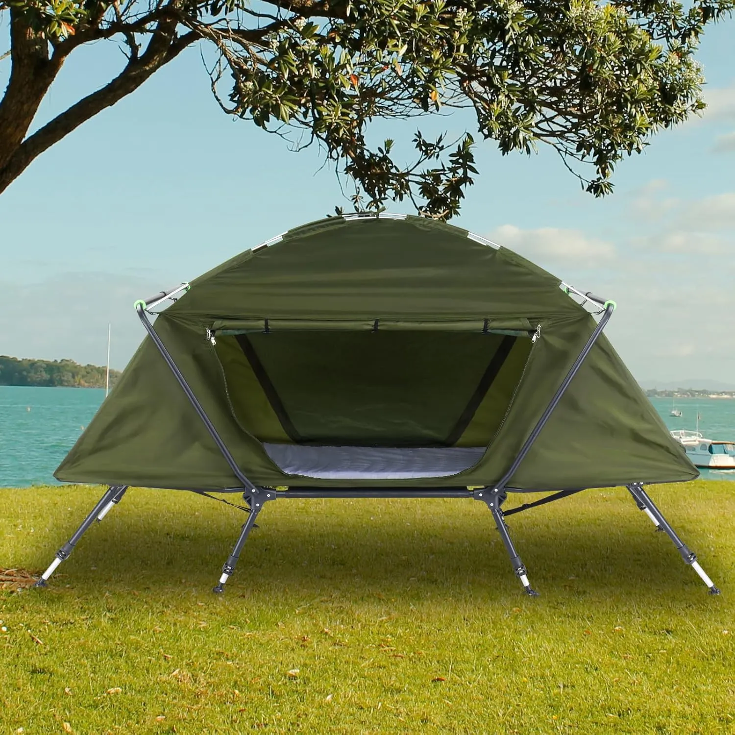 Tent Cot, Camping Tent Combo with Awning, Camping Cot, Foldable Camping Cot with Tent, Cot Tent for Outdoor Hiking, Picnic, Travel,Tent for Outdoor Lovers, 84.6"" L x 34.5"" W x 49.2"" H, Army Green