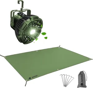 Tent Footprint 8x7FT & Rechargeable Camping Fan, AYAMAYA Waterproof Tent Ground Sheet and Remote Control Fan with LED Light for Camping Hiking Backpacking Picnic