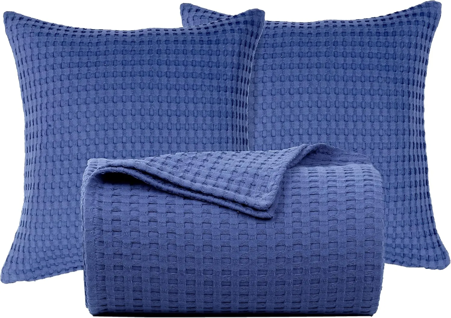 Tex Trend 100% Cotton Waffle Weave Queen Size Blanket - Lightweight, Breathable, Navy Blue, 90x90 Inches
