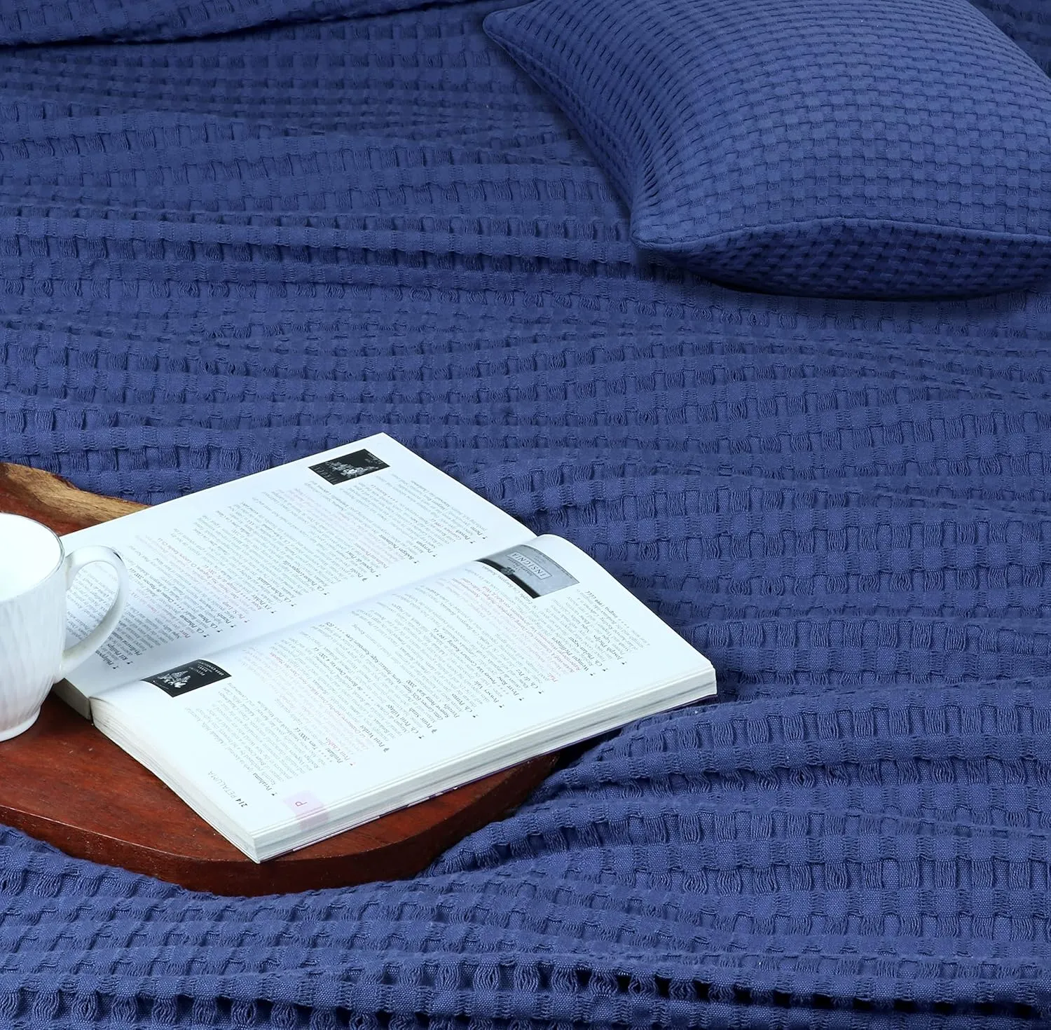 Tex Trend 100% Cotton Waffle Weave Queen Size Blanket - Lightweight, Breathable, Navy Blue, 90x90 Inches