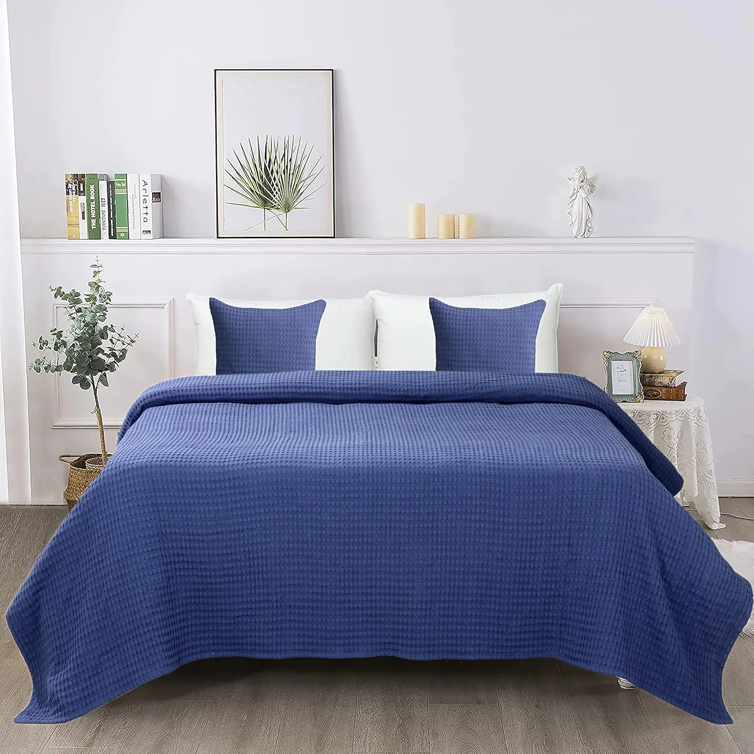 Tex Trend 100% Cotton Waffle Weave Queen Size Blanket - Lightweight, Breathable, Navy Blue, 90x90 Inches