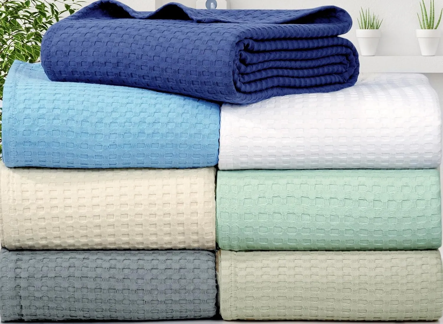 Tex Trend 100% Cotton Waffle Weave Queen Size Blanket - Lightweight, Breathable, Navy Blue, 90x90 Inches