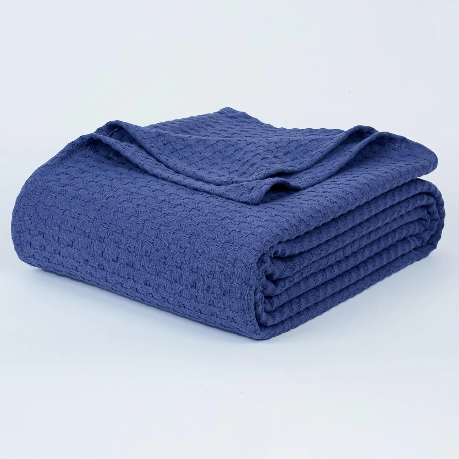 Tex Trend 100% Cotton Waffle Weave Queen Size Blanket - Lightweight, Breathable, Navy Blue, 90x90 Inches