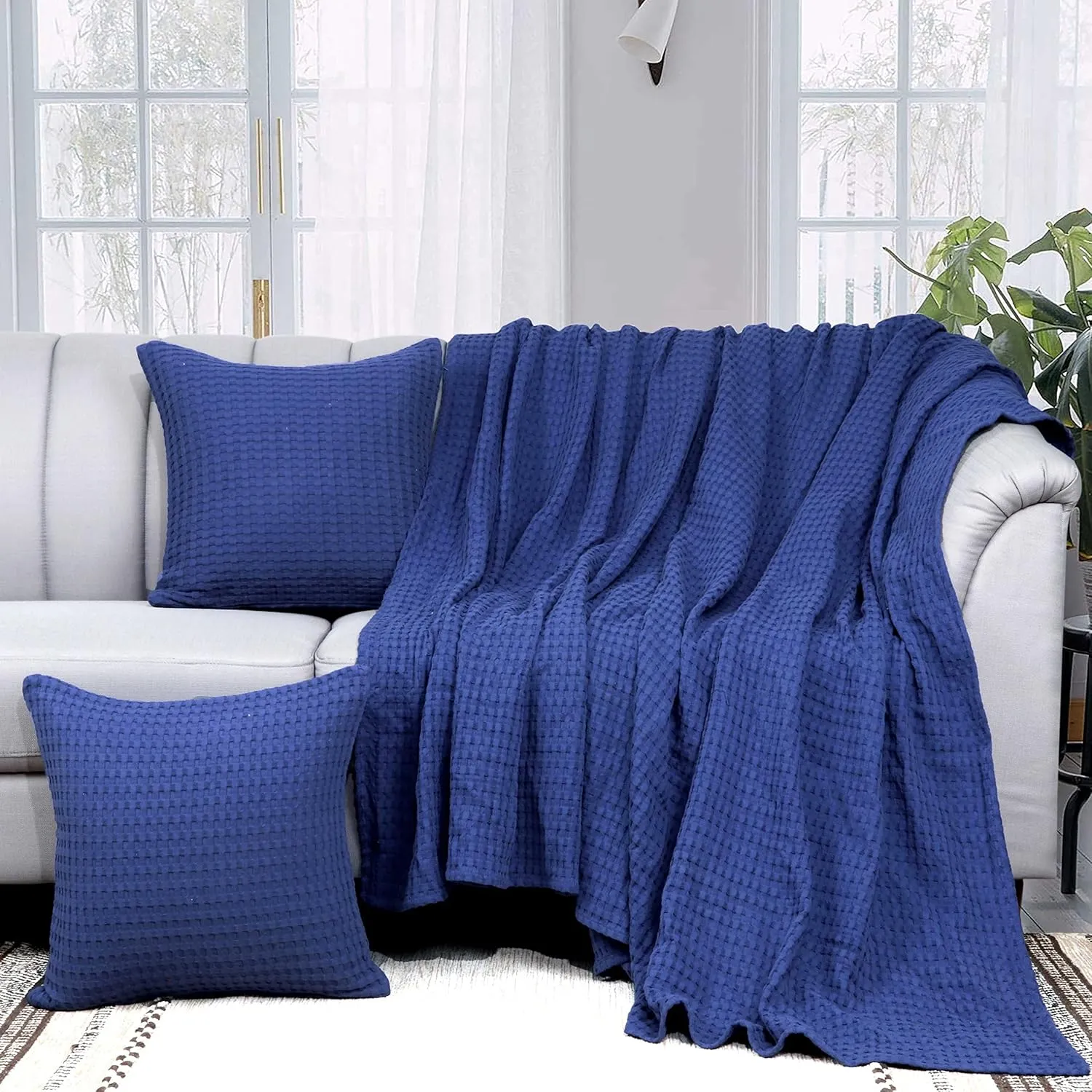Tex Trend 100% Cotton Waffle Weave Queen Size Blanket - Lightweight, Breathable, Navy Blue, 90x90 Inches