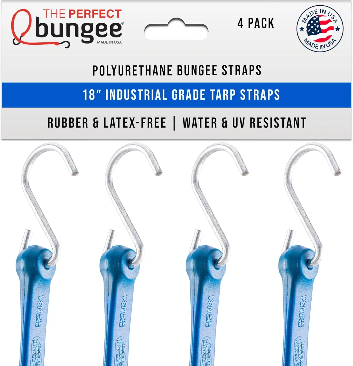 The Perfect Bungee 18 Inch Bungee Cords with Hooks – Industrial Grade Bungee Cord, Tarp Strap, Polyurethane Bungee Straps 4 Pack Blue – Made in The USA – Stretches Two Times Original Length
