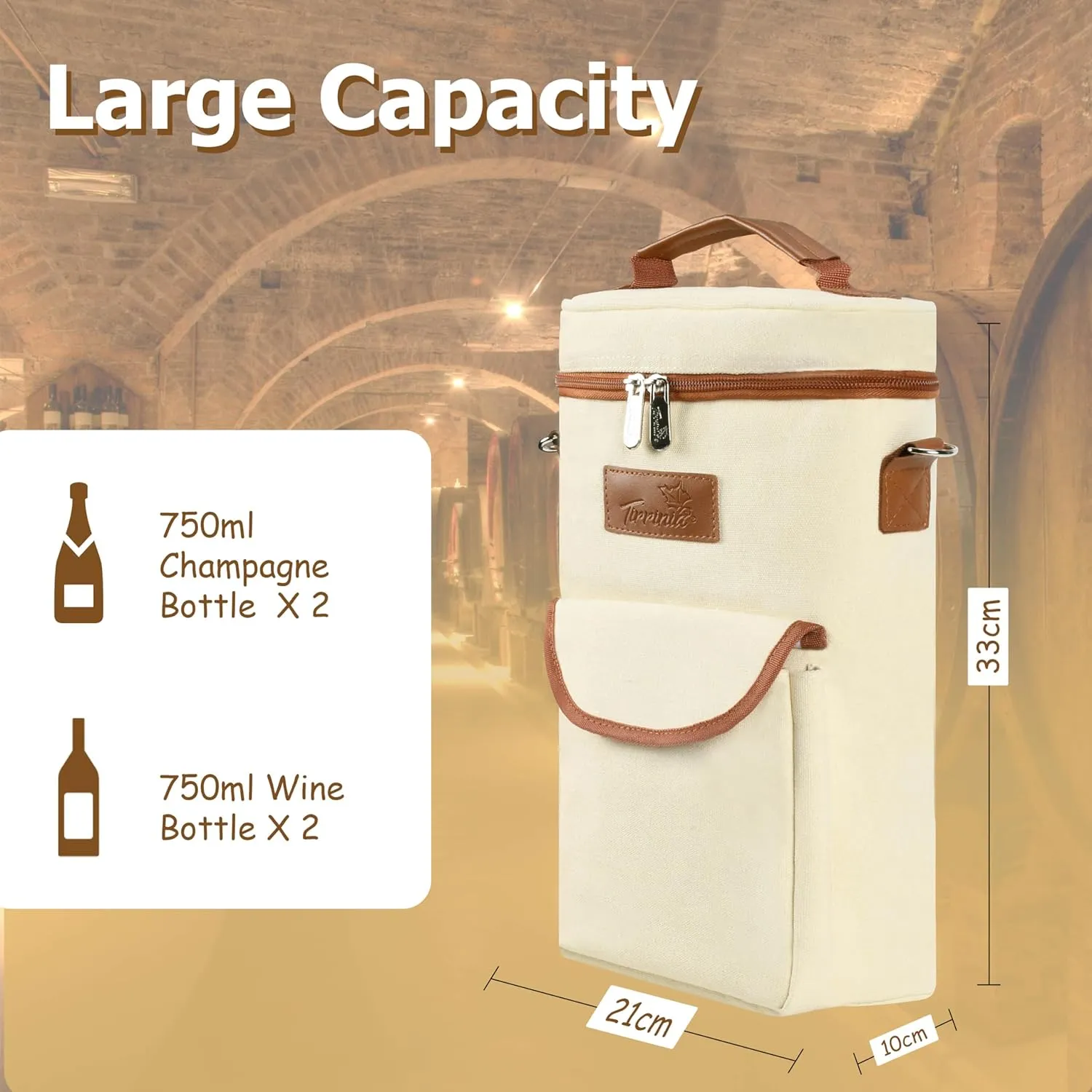 Tirrinia 2 Bottle Wine Gift Tote Carrier - Leakproof & Insulated with large pockets Wine Cooler Bag for Travel, Wine Tasting, Party, Dinner, Great Gift for Wine Lover