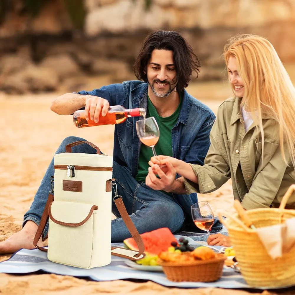 Tirrinia 2 Bottle Wine Gift Tote Carrier - Leakproof & Insulated with large pockets Wine Cooler Bag for Travel, Wine Tasting, Party, Dinner, Great Gift for Wine Lover
