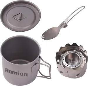Titanium Camping Cookware 500ml Titanium Pot with Foldable Handle & Lid Spork Spoon Alcohol Stove Windscreen, Lightweight Portable Outdoor Camping Cooking Utensil Set for Backpacking