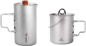 Titanium Coffee French Press   750ml Titanium Cup with Nail Lid Camping Pot Backpacking Mug with Foldable Handle for Outdoor Camping Hiking