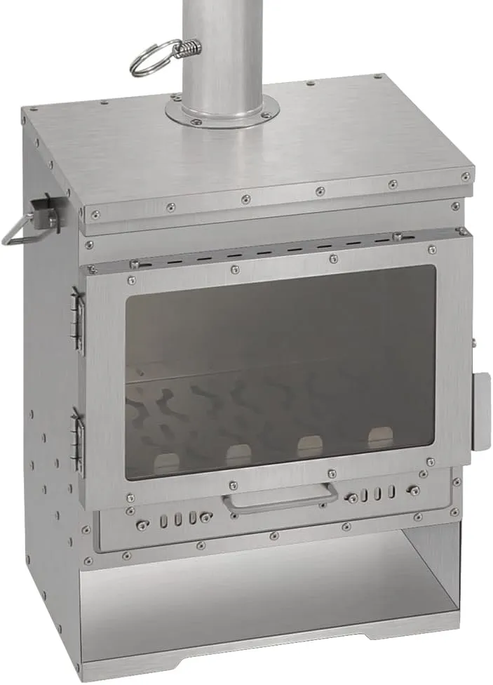 Titanium Secondary Burning Fireplace VistaV Smokeless Wood Stove Glass Window Portable Firewood Heater Tent Cooking BBQ Campfire Outdoor Camping Warmer, 43x27x37