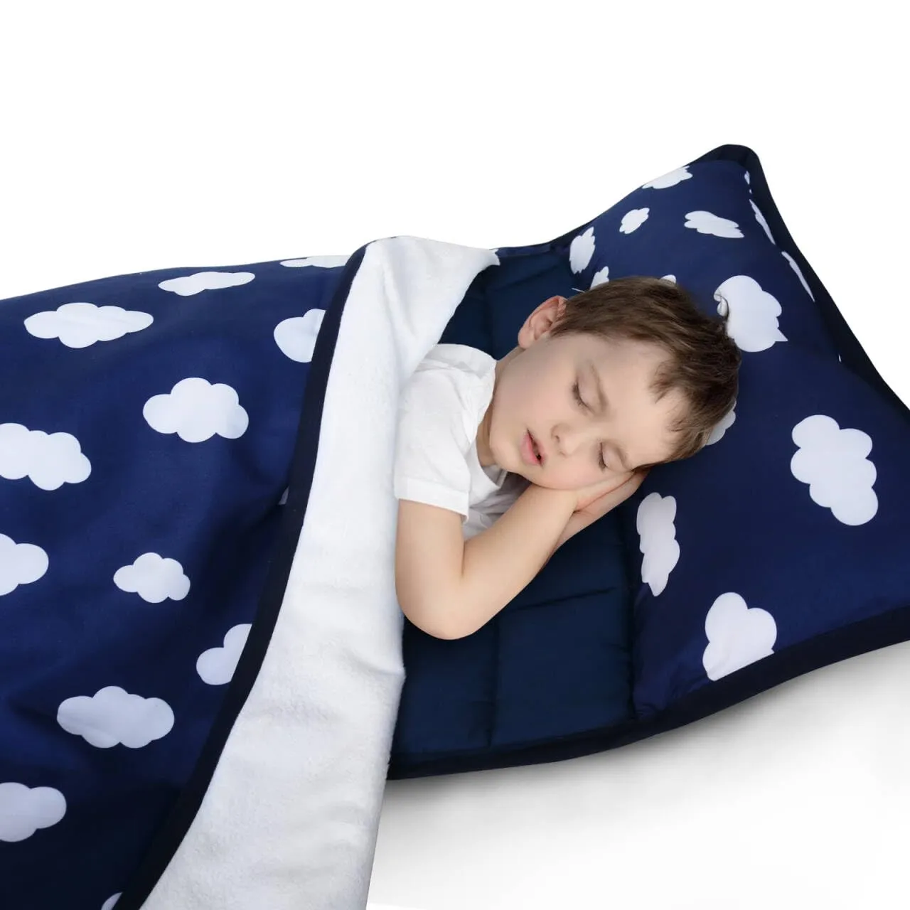 Toddler Nap Mat with Pillow and Blanket, Cot Nap Mats for Daycare Preschool Kindergarten, Lightweight Portable Travel Sleeping Bag for Kids, Super Soft & Cozy, Navy Cloud, 50" x 21"