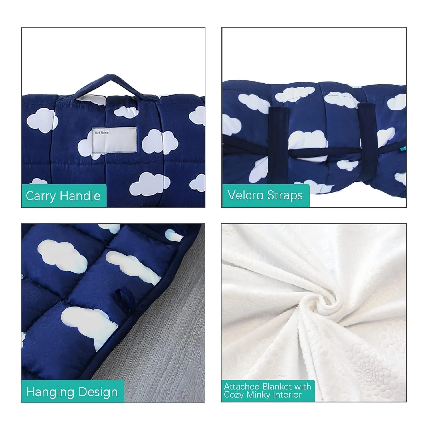 Toddler Nap Mat with Pillow and Blanket, Cot Nap Mats for Daycare Preschool Kindergarten, Lightweight Portable Travel Sleeping Bag for Kids, Super Soft & Cozy, Navy Cloud, 50" x 21"