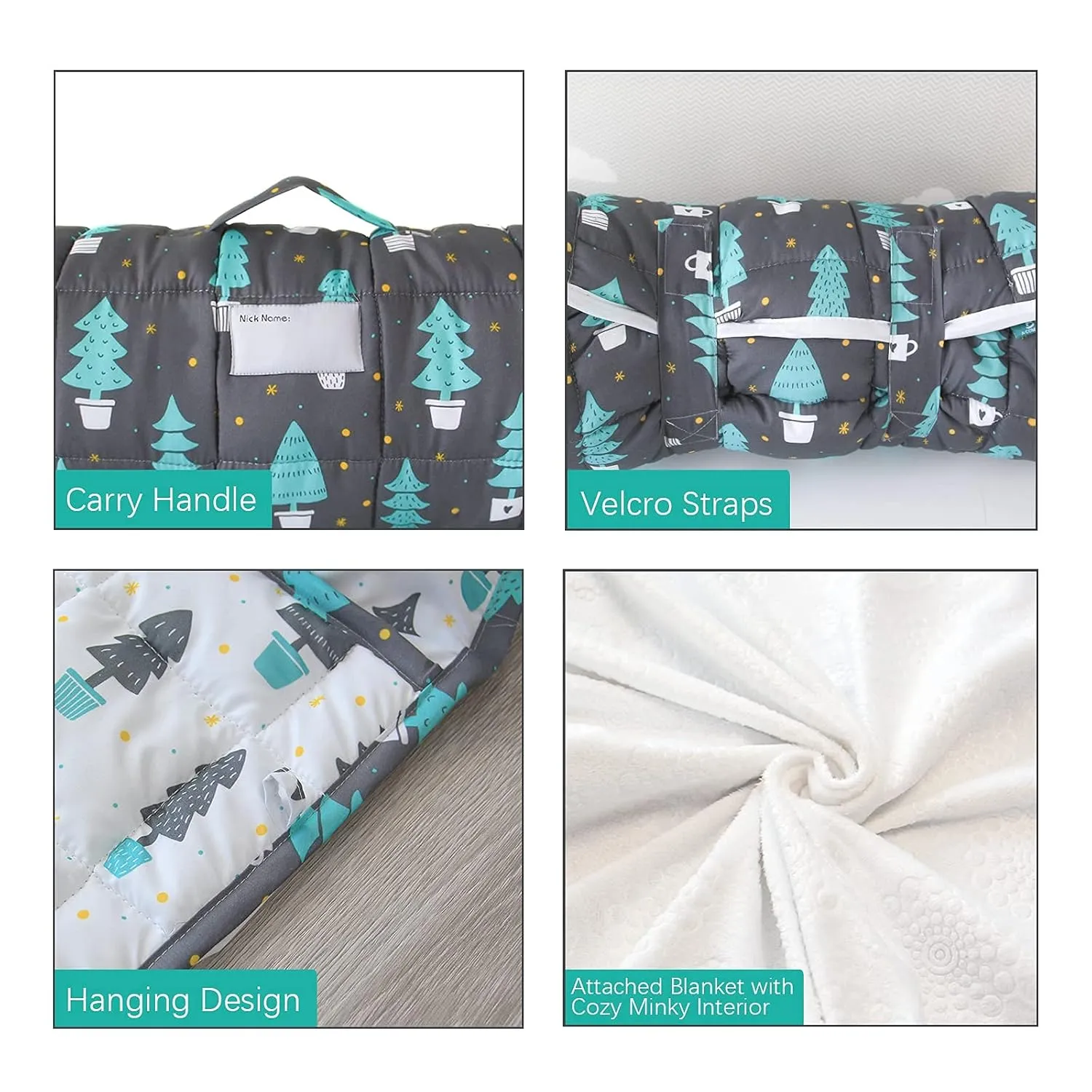 Toddler Nap Mat with Pillow and Blanket, Cot Nap Mats for Daycare Preschool, Lightweight Portable Travel Sleeping Bag for Kids, Warm & Skin-Friendly, Dark Woods, 50" x 21"