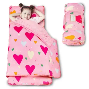 Toddler Nap Mat with Pillow and Minky Blanket, Large 55"x35" Sleeping Bag, Washable, Lightweight, Easy to Roll, Perfect for Preschool, Daycare, Kindergarten, Travel, Boys and Girls(Hearts)