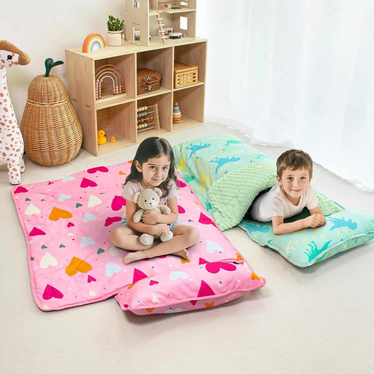 Toddler Nap Mat with Pillow and Minky Blanket, Large 55"x35" Sleeping Bag, Washable, Lightweight, Easy to Roll, Perfect for Preschool, Daycare, Kindergarten, Travel, Boys and Girls(Hearts)
