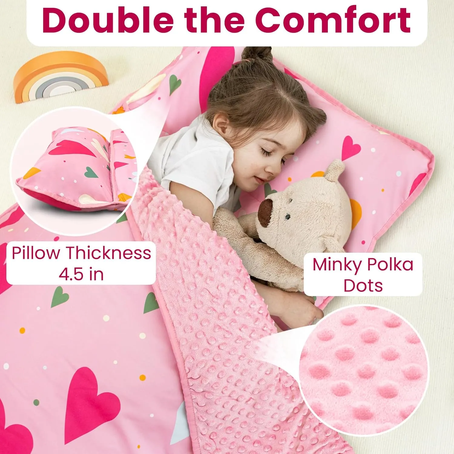 Toddler Nap Mat with Pillow and Minky Blanket, Large 55"x35" Sleeping Bag, Washable, Lightweight, Easy to Roll, Perfect for Preschool, Daycare, Kindergarten, Travel, Boys and Girls(Hearts)