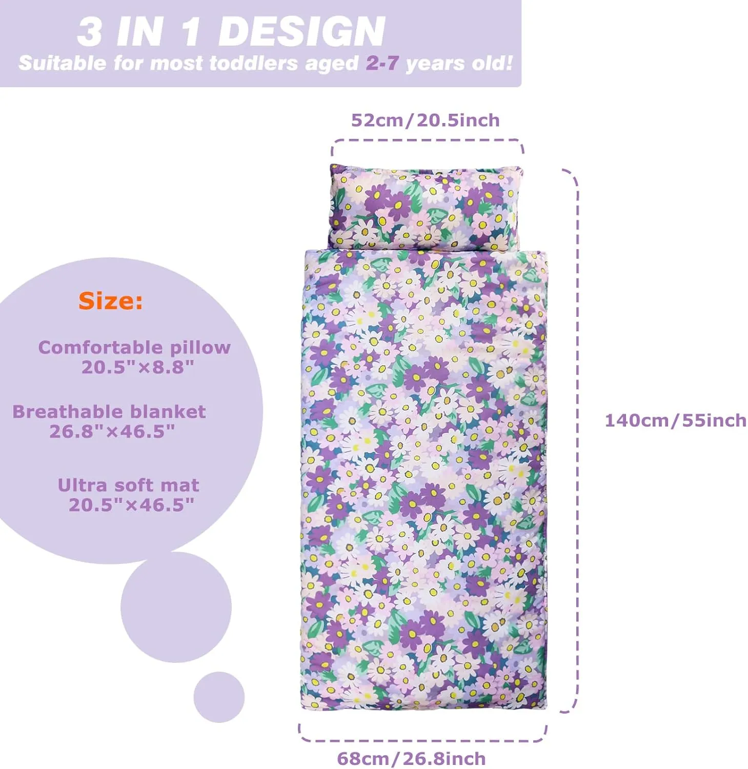 Toddlers Nap Mat with Removable Pillow and Soft Blanket, Lightweight Daycare Preschool Kindergarten Sleeping Bag, Travel Slumber for Kids Girls Boys