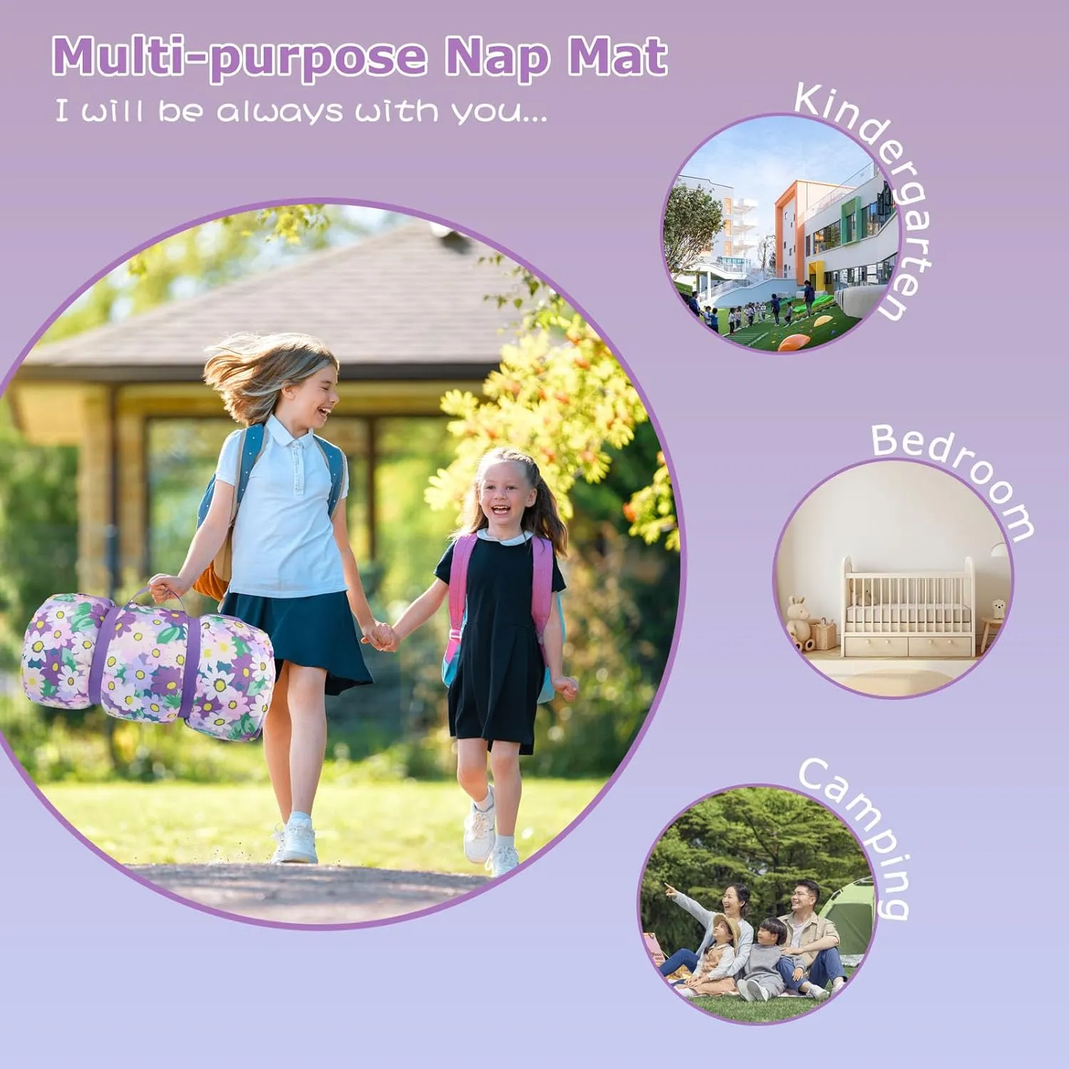 Toddlers Nap Mat with Removable Pillow and Soft Blanket, Lightweight Daycare Preschool Kindergarten Sleeping Bag, Travel Slumber for Kids Girls Boys