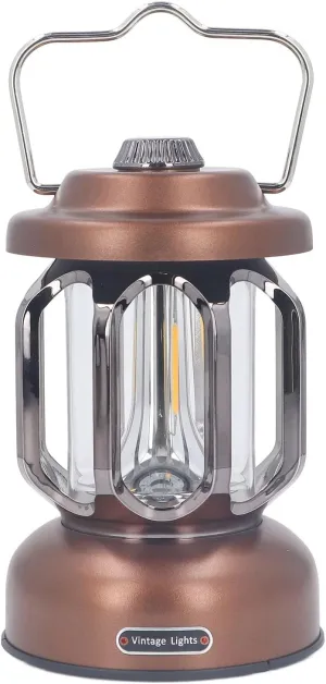 Topyond Retro Camping Lantern, Vintage Type C Rechargeable with 3 Dimmable Modes, Waterproof LED Tent Lamp with Hook for Garden and Outdoor Camping, Portable Decorative Light (Brown)