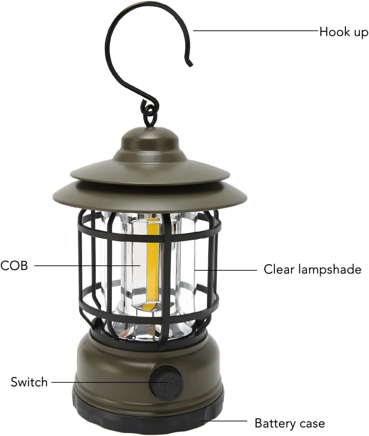 Topyond Vintage Camping Lantern, IPX4 Watertight and Rechargeable USB Tent Lamp, COB Soft Light with Hook, Bright 600LM for Outdoor Activities and Emergency Use (Green)