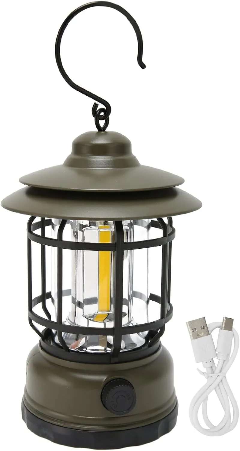 Topyond Vintage Camping Lantern, IPX4 Watertight and Rechargeable USB Tent Lamp, COB Soft Light with Hook, Bright 600LM for Outdoor Activities and Emergency Use (Green)