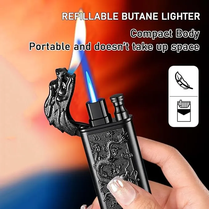Torch Lighter Magic Dual Flame Dragon Lighter, Windproof Adjustable Jet Flame and Soft Flame, Refillable Butane Torch Lighter for Candle, Kitchen, Camping, BBQ (Without Butane)-Black