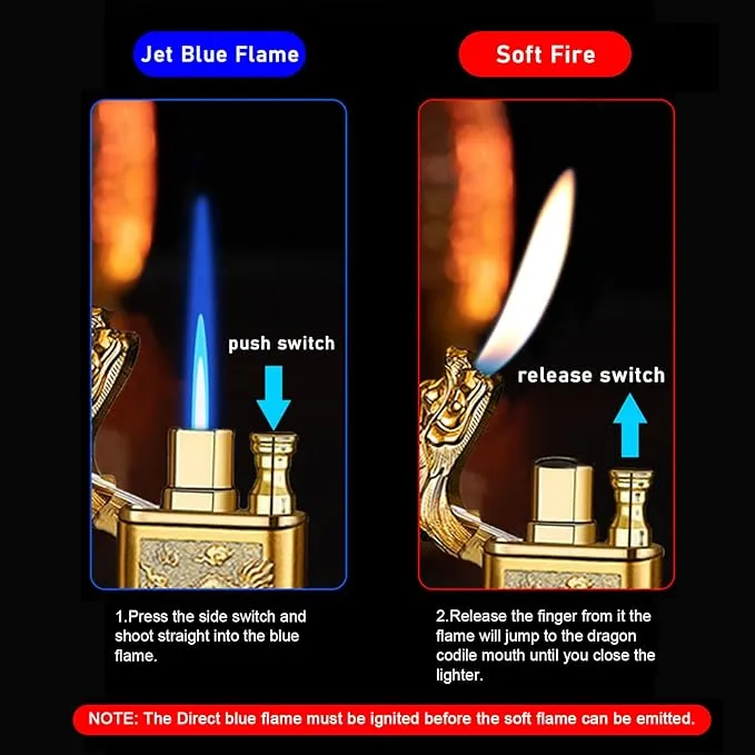 Torch Lighter Magic Dual Flame Dragon Lighter, Windproof Adjustable Jet Flame and Soft Flame, Refillable Butane Torch Lighter for Candle, Kitchen, Camping, BBQ (Without Butane)-Black