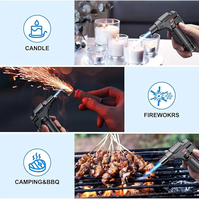 Torch Lighters, 4 Pack, Butane Refillable Jet Flame Torch Lighter, Windproof, Safe, Multi Utility Lighter for Candles, Fireplaces, Campfires, Grill (Without Butane)