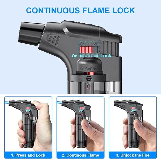 Torch Lighters, 4 Pack, Butane Refillable Jet Flame Torch Lighter, Windproof, Safe, Multi Utility Lighter for Candles, Fireplaces, Campfires, Grill (Without Butane)