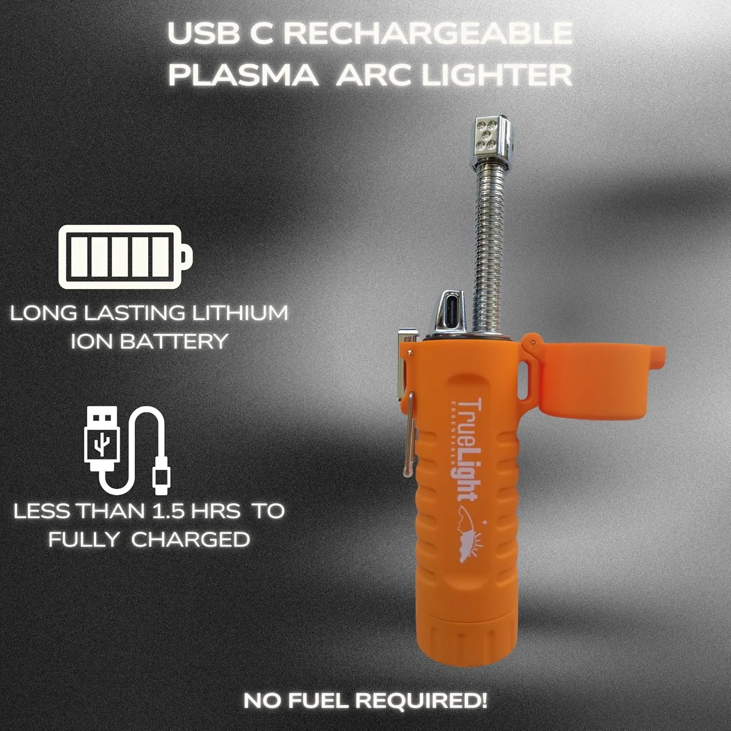 TrueLightEssentials Electric Rechargeable Plasma Lighter - Waterproof USB Arc Lighters with Flashlight LED Battery Indicator and Flexible Neck for Candle Survival Camping Emergency (Orange, Long)